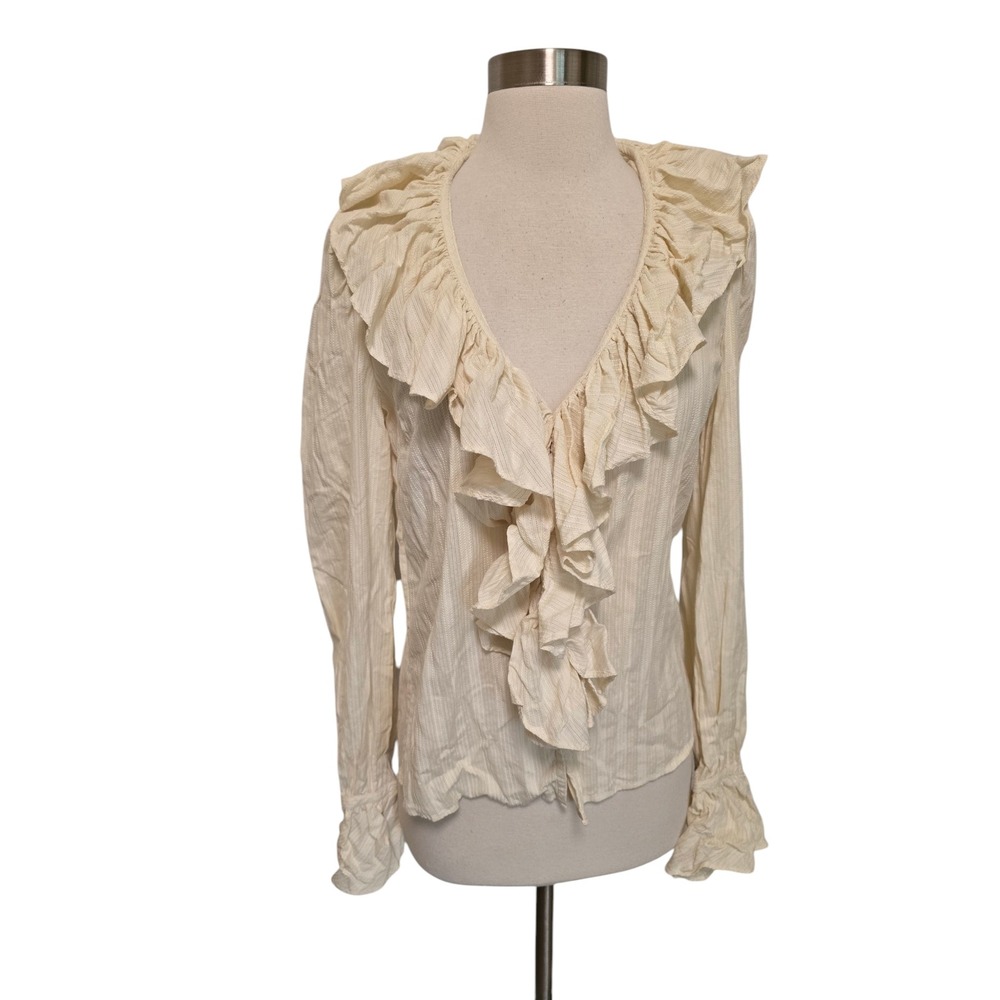 Ralph Lauren Cream Ruffle V Neck Blouse Textured Long Sleeve Victorian Size 8
